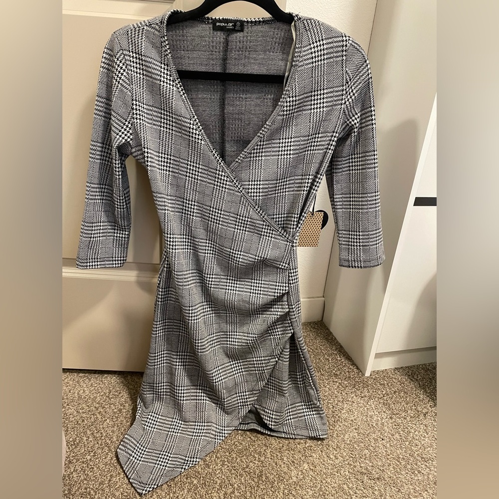 Gray Plaid Wrap Dress